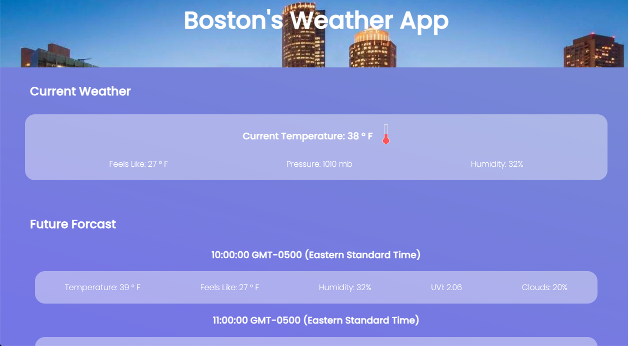A user interface titled Boston's Weather App with an image of the Boston cityscape and a purple background
