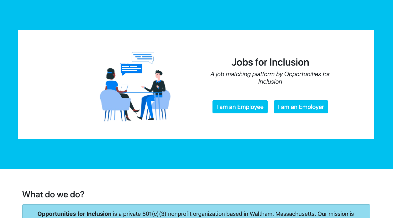 A user interface titled Jobs for Inclusion with an illustration of the two people interviewing.