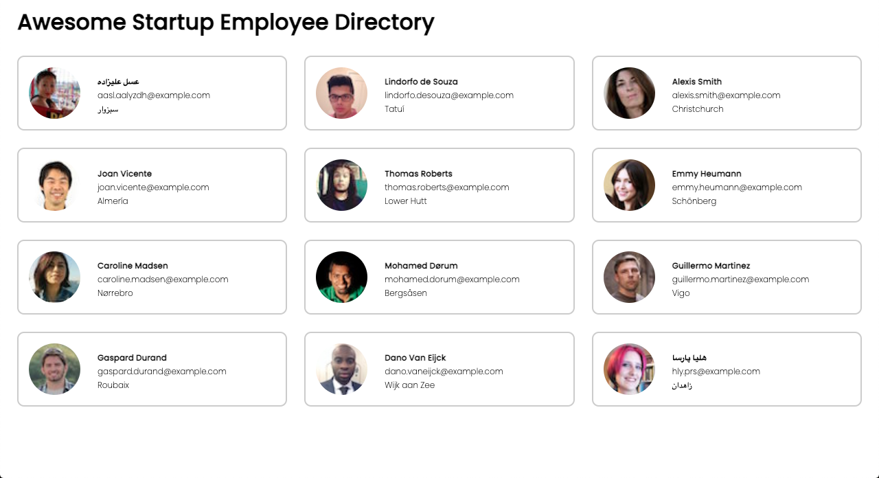 A user interface titled Awesome Employee Directory with cards that contain employee information.