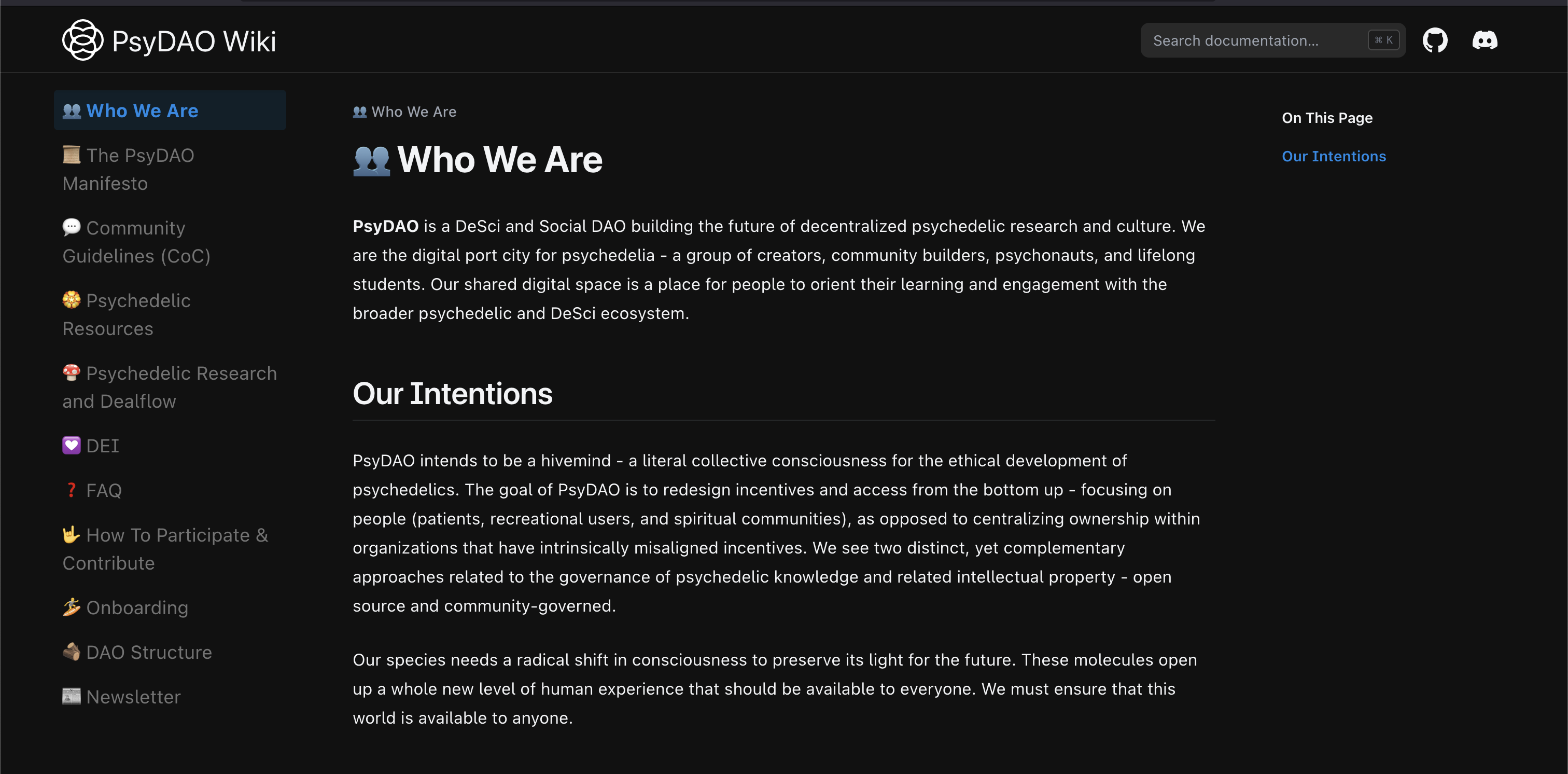 A user interface titled PsyDAO Wiki with content explaining about the organization.